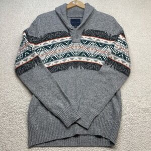 American Eagle Sweater Mens M Gray Fair Isle Shawl Collar Pullover Knit 0541